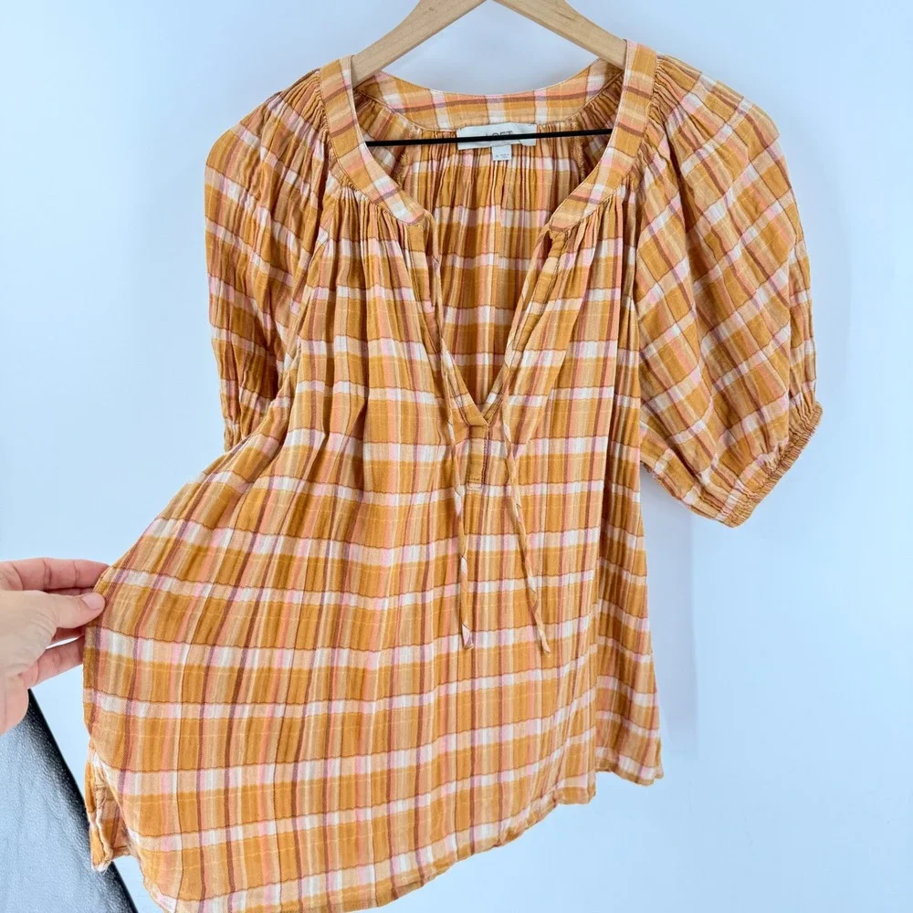 LOFT Plaid Puff Sleeve Blouse Orange Medium Boho Peasant Top Gauze Fall Autumn